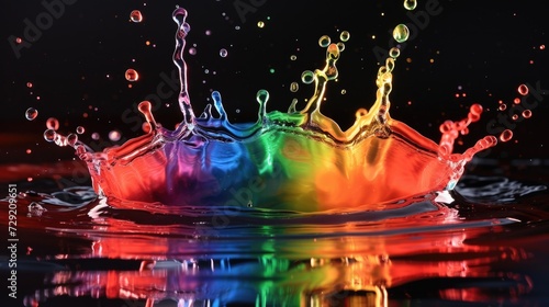 Colorful water splash with a vibrant rainbow palette against a dark black background. Perfect for creative designs and vibrant visual concepts