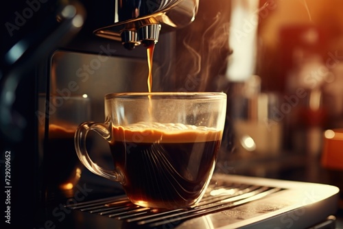 A cup of coffee being poured into a coffee machine. Perfect for illustrating the process of making coffee at home or in a coffee shop photo