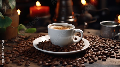 A cup of coffee placed on top of a bed of coffee beans. Perfect for illustrating the rich aroma and taste of freshly brewed coffee. Ideal for coffee shop advertisements and articles on coffee culture