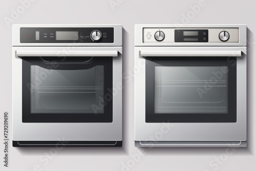 Two ovens placed side by side on a clean white background. Perfect for illustrating kitchen appliances or home improvement projects