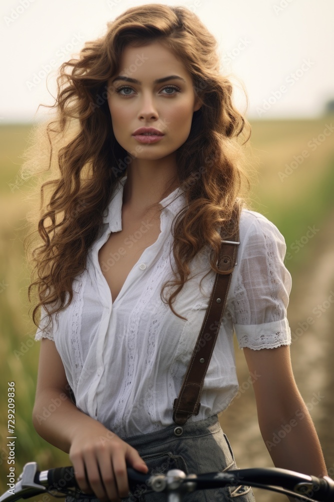 Fototapeta premium A beautiful young woman riding a bike in a scenic field. Perfect for outdoor and fitness-related projects