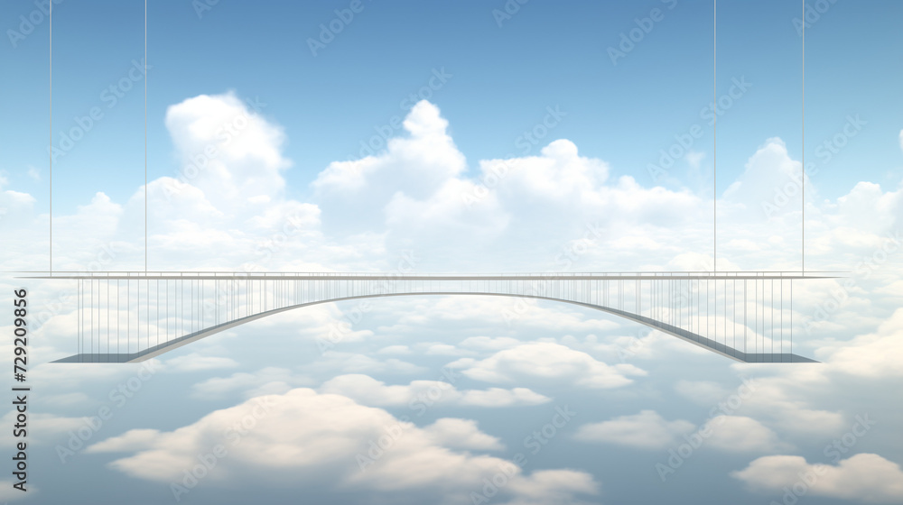 Serene Suspension Bridge Spanning Across Fluffy Clouds in a Clear Blue Sky. Fantasy background, copy space, wallpaper.