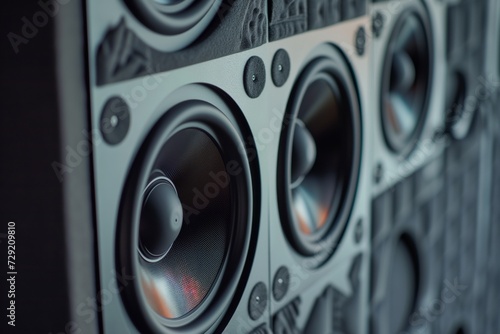 closeup of dolby atmos speakers on theater walls photo