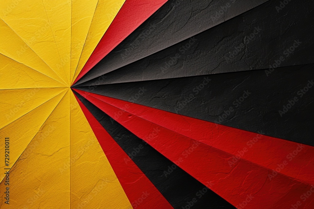 Fototapeta premium A black, yellow, red, and black umbrella. Can be used for protection against rain or sun