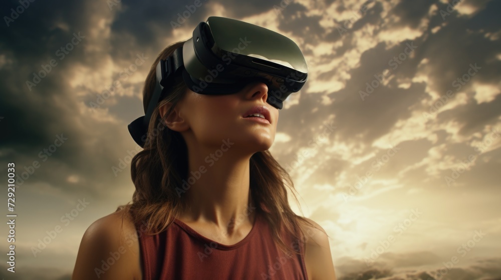 Woman wearing a virtual reality headset while dressed in a red tank top. Suitable for technology or gaming concepts