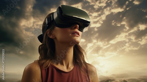 Woman wearing a virtual reality headset while dressed in a red tank top. Suitable for technology or gaming concepts © Fotograf