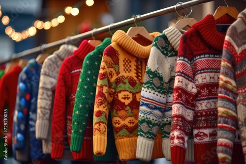 A row of sweaters hanging on a clothes rack, suitable for fashion-related projects