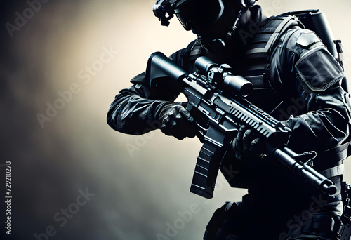 Futuristic soldier with the rifle on dark