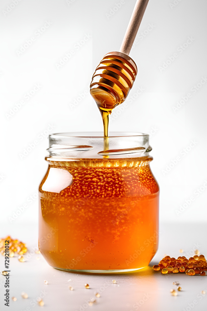 Glass jar full of honey and wooden dipper on white background, Generative AI Glass jar full of honey and wooden dipper on white background, Generative AI