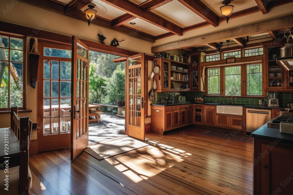 The interior of a colonial craftsman cottage home features a kitchen with retro style - obrazy, fototapety, plakaty 