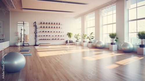 Gym room with wooden floor and large windows. Perfect for fitness and exercise activities