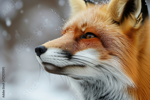 Fox outdoors in winter, Close-up of face a predatory animal under snow looking away