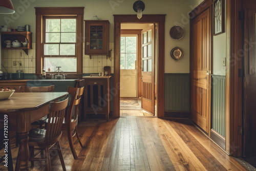 The interior of a colonial craftsman cottage home features a kitchen with retro style photo