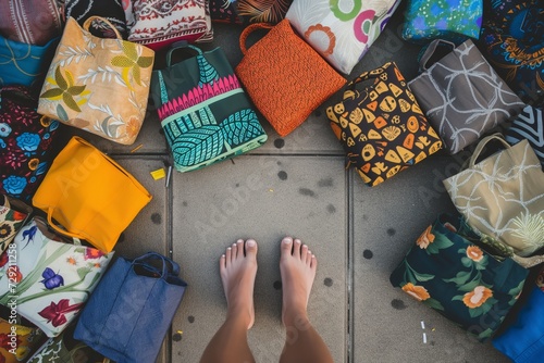 feet surrounded by assorted fabric totes on a sidewalk photo