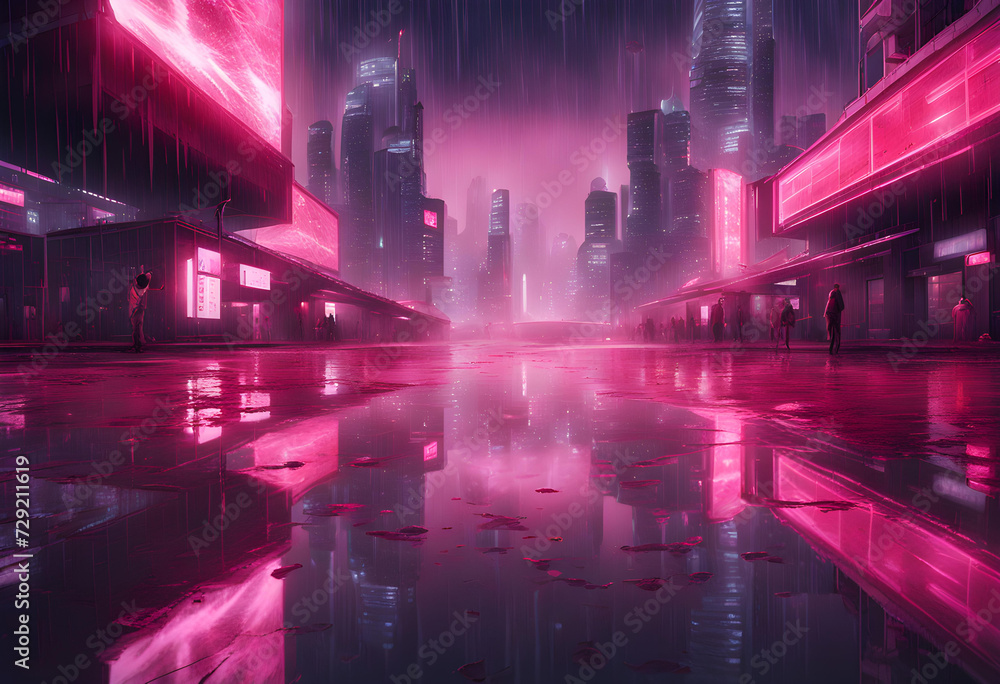 a city scape of a futuristic city at night