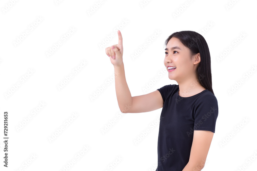 Young Asian woman with black long hair wears black shirt and point her hand to present something confidently while isolated white background. Young Asian woman with black long hair wears black shirt and point her hand to present something confidently while isolated white background.