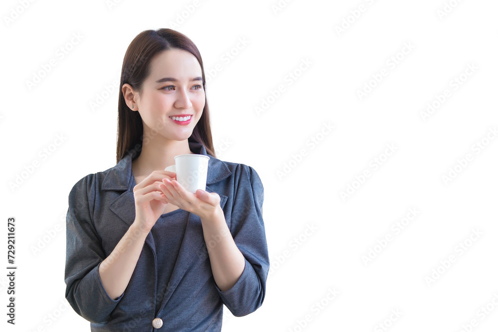 Young asian working woman is looking out to think something while holding a coffee cup made of paper at the office while isolated white background. Young asian working woman is looking out to think something while holding a coffee cup made of paper at the office while isolated white background.