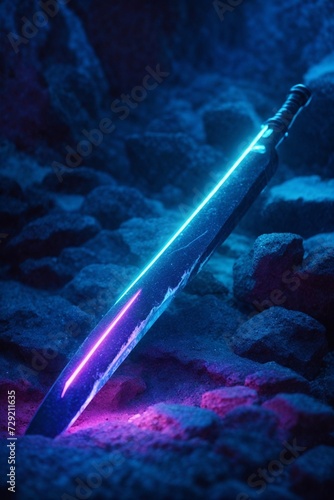 Glowing Sword in a Cave With Rocks. Generative AI.