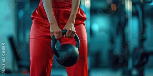 A woman holding a kettlebell in a gym. Perfect for fitness and strength training concepts photo