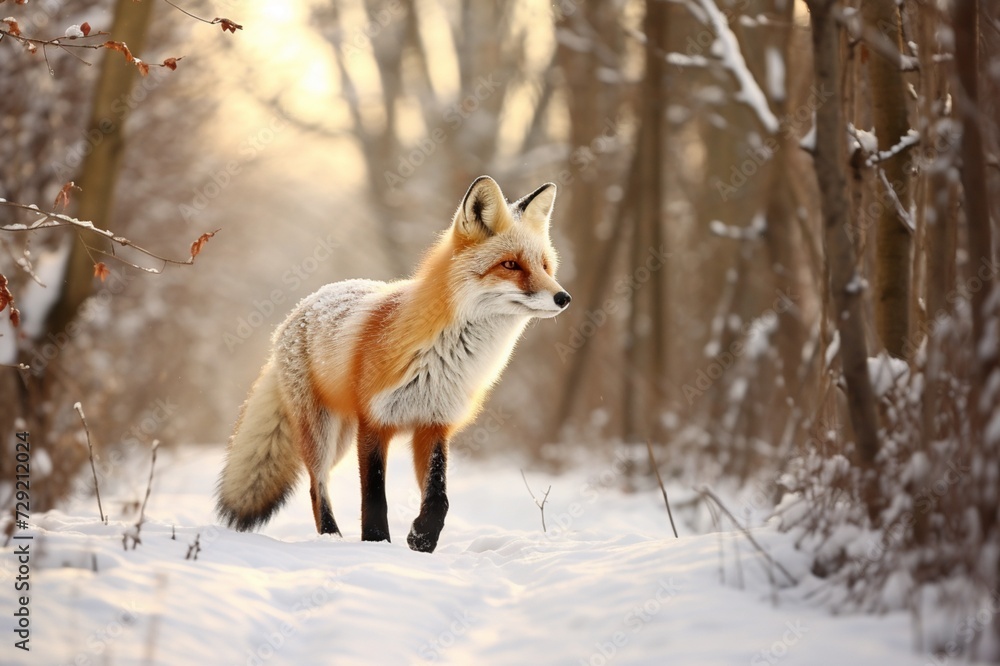 Fototapeta premium : A solitary fox gracefully navigating through a snow-covered forest, leaving delicate tracks in the fresh powder.