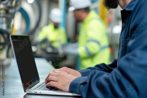 engineer typing on a laptop, blurred colleagues conducting machine tests behind © stickerside