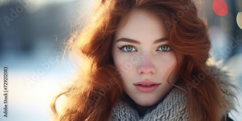 A woman with red hair wearing a scarf. Can be used as a fashion or winter-themed image