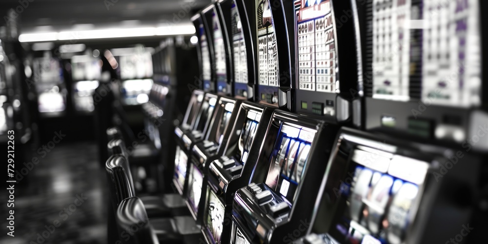 A row of slot machines in a bustling casino. Ideal for illustrating the vibrant atmosphere of a gambling establishment. Suitable for various commercial and editorial purposes A row of slot machines in a bustling casino. Ideal for illustrating the vibrant atmosphere of a gambling establishment. Suitable for various commercial and editorial purposes