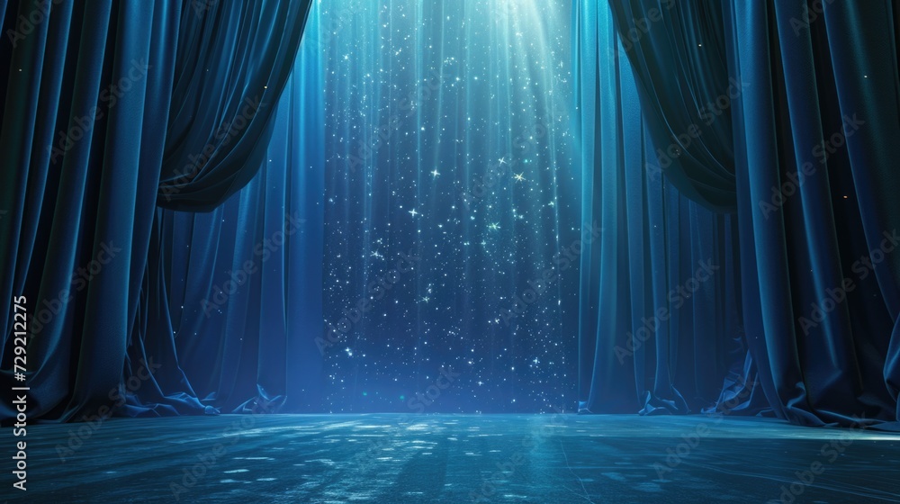 A stage with blue curtains and a starry sky backdrop. Suitable for theatrical performances and events. - obrazy, fototapety, plakaty 