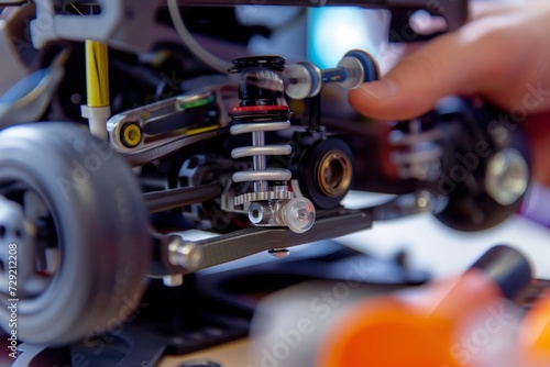 closeup of rc car suspension system with person adjusting it