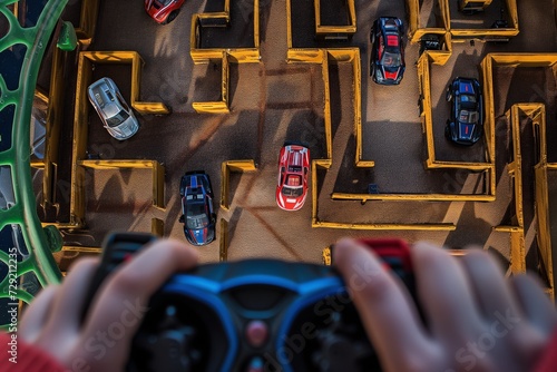 overhead view of rc cars navigating a maze, controller in view