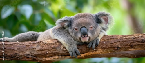 Funny little koala lying down on branch isolated nature background. AI generated