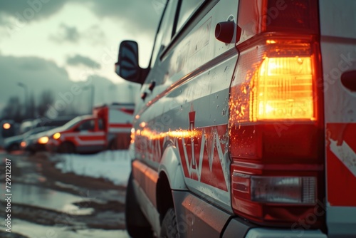 Emergency vehicles parked on a snowy road. Suitable for depicting emergency response in winter conditions photo