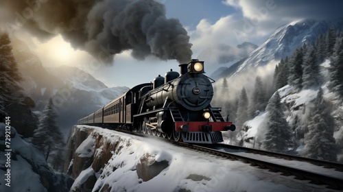 Steam train with water tanks seen traversing in the mountains in winter. generative ai