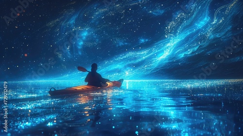 Solo explorer in a kayak navigates the still waters of a bioluminescent lagoon under a starry sky. The paddles stir the glowing organisms, creating a trail of light in the dark water © Татьяна Креминская