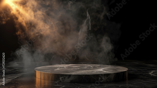 A round marble pedestal with a golden trim emerges from the mist, under a warm, ethereal glow against a dark backdrop, base for product promotion and cosmetic design mockup.