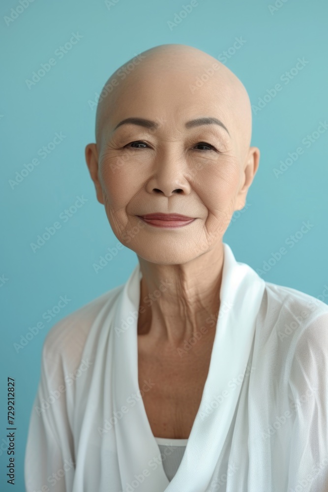 A woman with a bald head wearing a white shirt. Suitable for medical or fashion concepts A woman with a bald head wearing a white shirt. Suitable for medical or fashion concepts