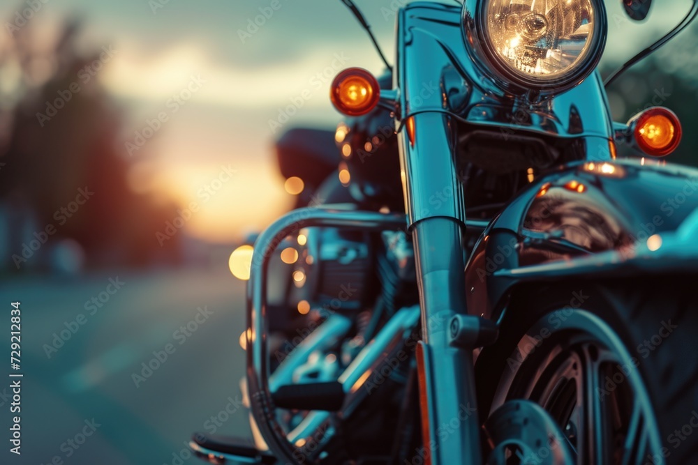 Fototapeta premium A detailed view of a motorcycle parked on a street. Suitable for automotive or transportation-related projects