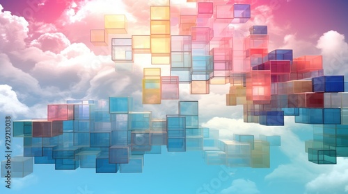Floating Colorful Cubes in a Blue Sky With Clouds. Wallpaper, background.