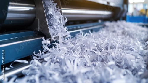 A machine cutting shredded paper on a conveyor belt. Ideal for illustrating document destruction, recycling, or office operations photo