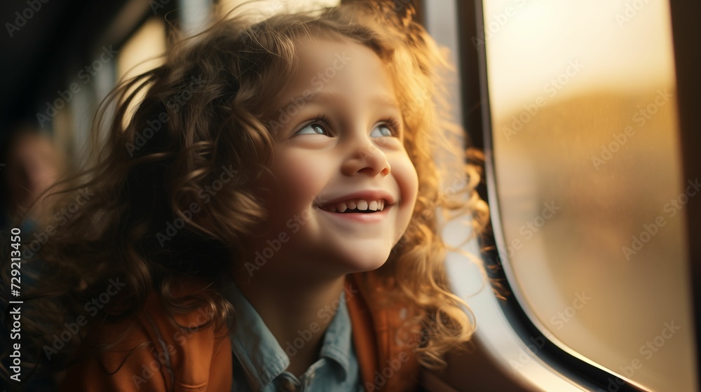 Happy little girl looking out the train window outside, while moving. Traveling by train. generative ai Happy little girl looking out the train window outside, while moving. Traveling by train. generative ai