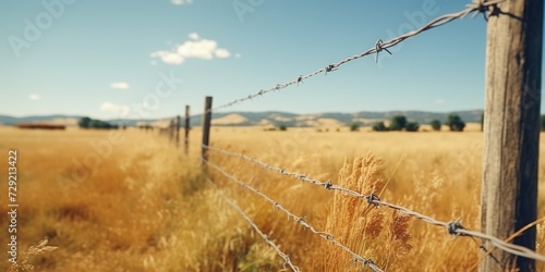 A picture of a barbed wire fence in the middle of a field. Can be used to represent boundaries, security, or rural landscapes