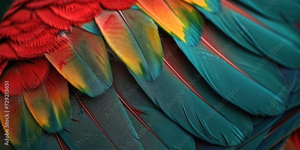 A close-up view of vibrant and colorful bird feathers. This image can be used to add a pop of color and beauty to various projects A close-up view of vibrant and colorful bird feathers. This image can be used to add a pop of color and beauty to various projects