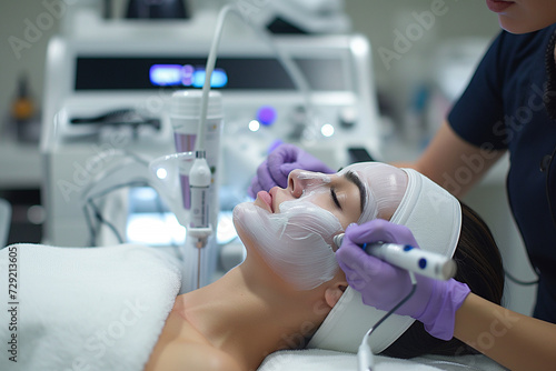 Cosmetologist makes aqua exfoliation for rejuvenation woman face skincare, anti aging cosmetic procedure in beauty spa salon. Beautician hands in gloves makes face skin treatment, hydrafacial peel  photo