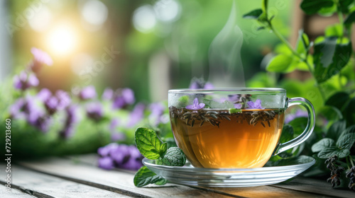 Cup of Green Tea With Purple Flowers in Background