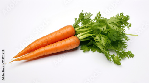 A carrot with green leaves on white background.