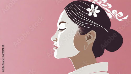 Silhouette of a beautiful woman on a pink background. The face of a girl in profile. Copy space