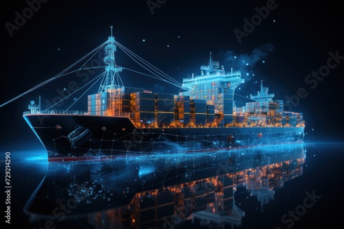 Polygonal cargo ship in dark blue background with copy space. Online cargo delivery, logistics,tracking app concept. Cargo ship polygonal illustration on dark blue background with copyspace. 