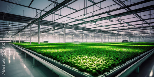 Agricultural greenhouse with hydroponic shelves, Hydroponics farm in building with high technology farming. Agricultural technology concept.
