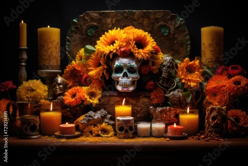 Day of the Dead skull surrounded by candles and flowers. Perfect for Dia de los Muertos celebrations and Halloween decorations