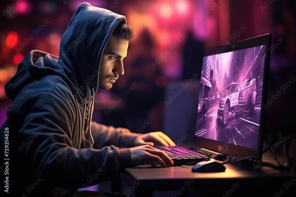 A man wearing a hoodie is typing on a laptop. This image can be used to depict technology, work, or online communication A man wearing a hoodie is typing on a laptop. This image can be used to depict technology, work, or online communication